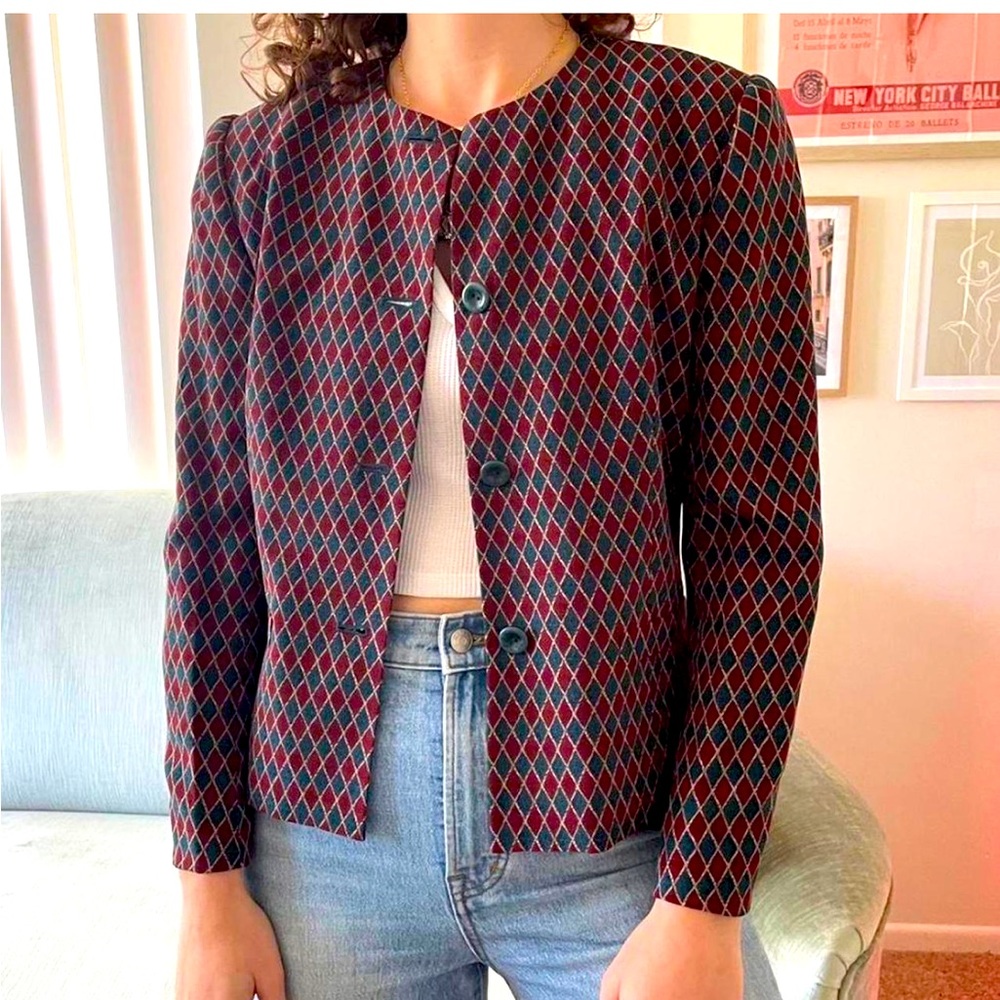 Rena Rowan for Saville NWT Vintage SILK TealCranberry Blazer with Pockets Size 8